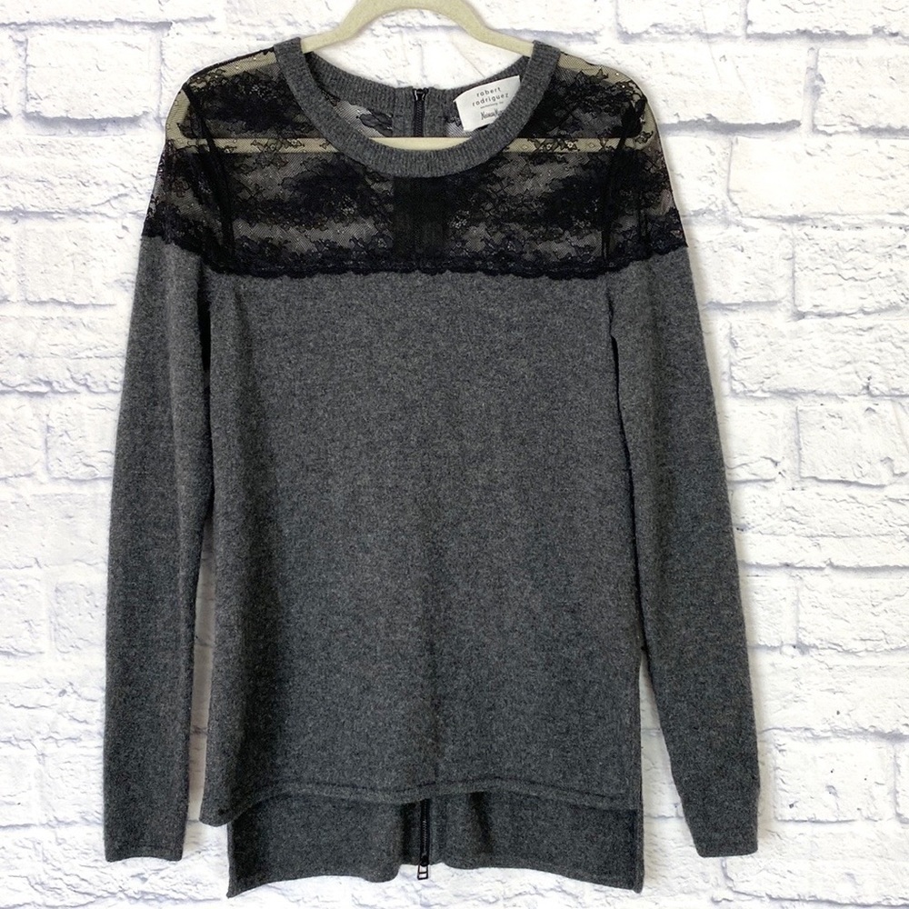 Robert Rodriguez Neiman Marcus Gray Cashmere Black Lace Hi Low Back Zip Sweater